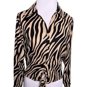 Rachel Zoe Animal Print Linen Shirt Women Black Tan Hobo Retro 90s Y2K Size L